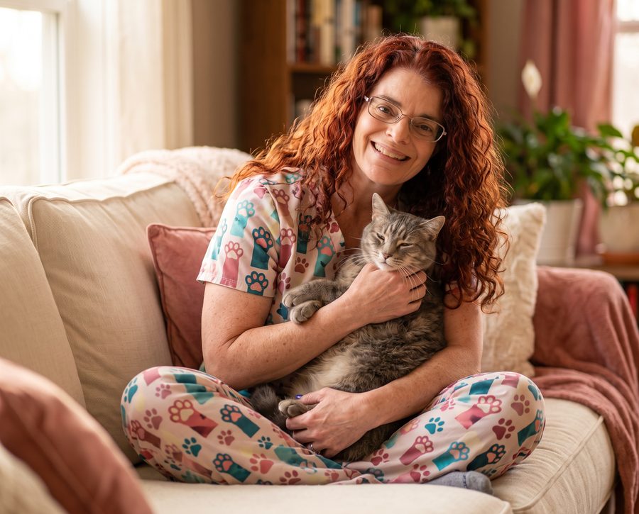 Lynne Ludwig, Tampa cat whisperer, smiling warmly with her gray tabby cat at home