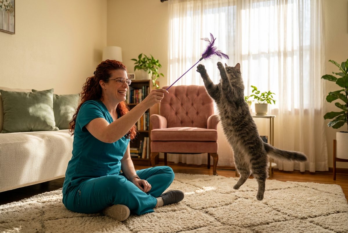 Lynne Ludwig in teal scrubs playing with a tabby cat