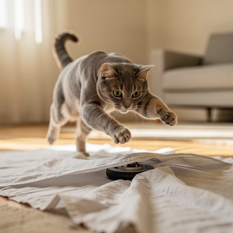 Cat mid-pounce chasing automated toy — SmartyKat